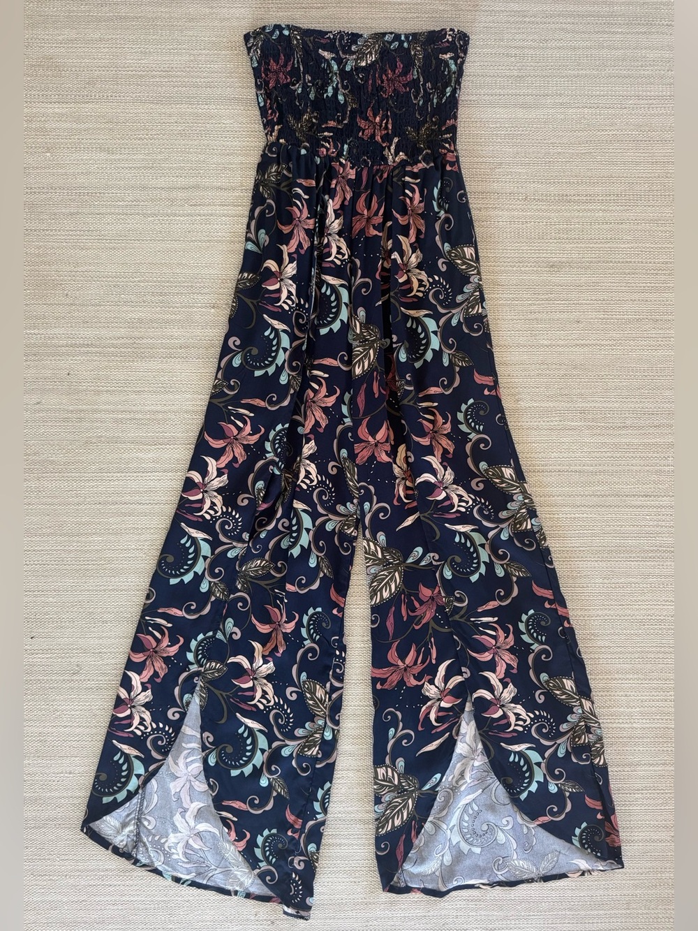 Vine‎ and Valley floral strapless flowy wide leg front slit jumpsuit women’s XS